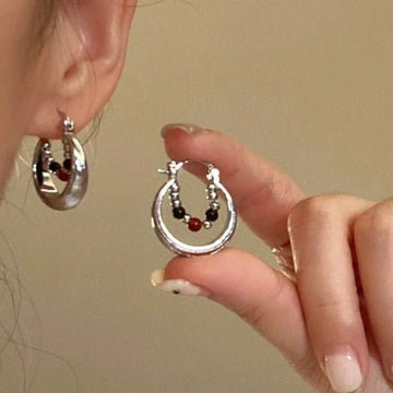 DAIIIBABYYY  -  Retro Hollow Round Colorful Beaded Dangle Earrings for Women Brushed Texture Metal Design Elegant Accessories Fashion Jewelry